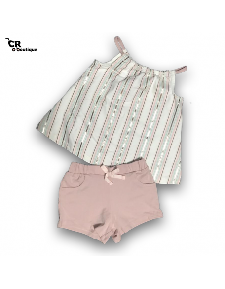 Tommy Bahama - Vestido blanco rayas colores con plateado + short rosa 2T